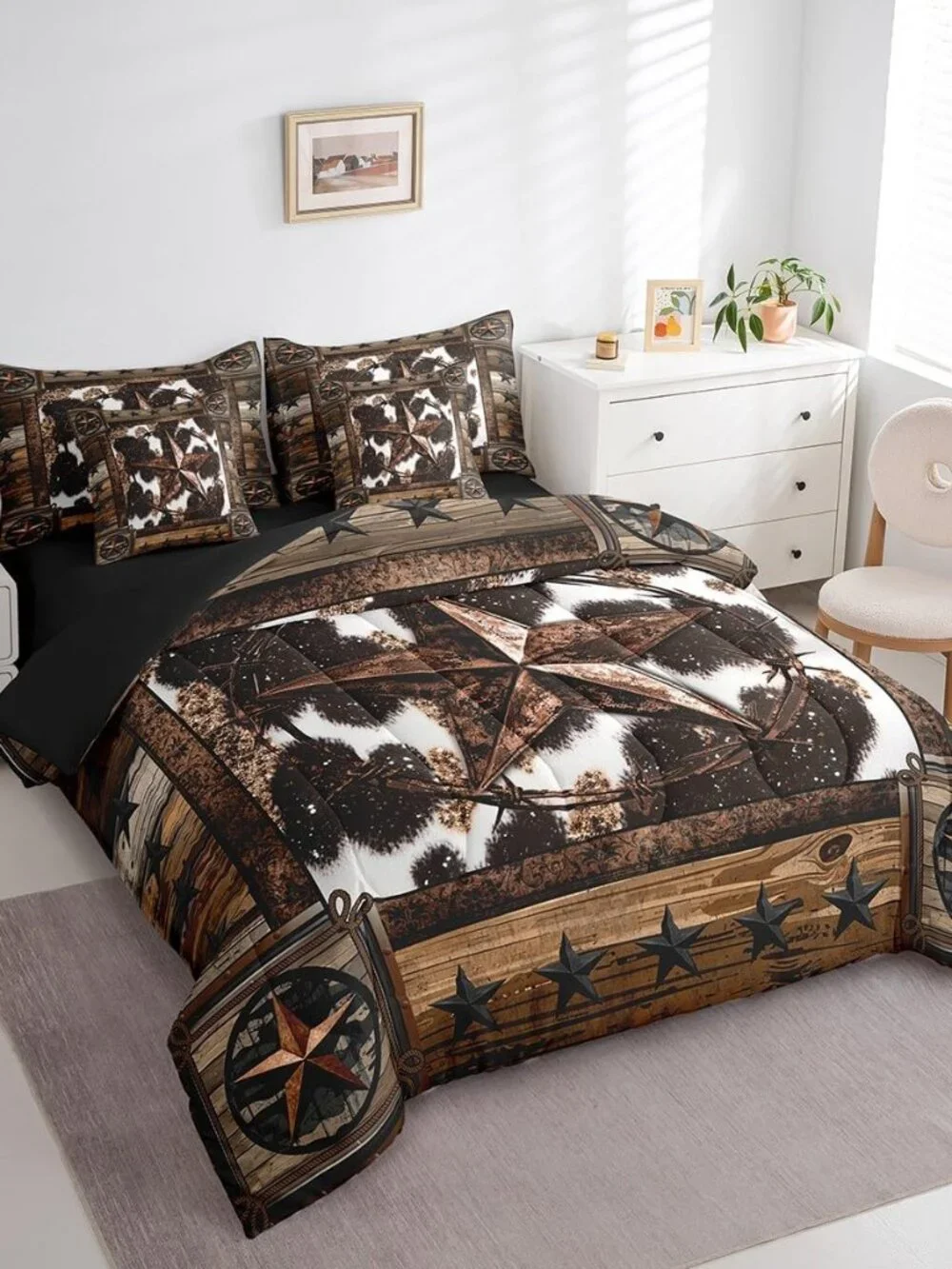 Brown Western Aztec 7 Pieces Bedding Set Queen Size West Texas Star Comforter Se